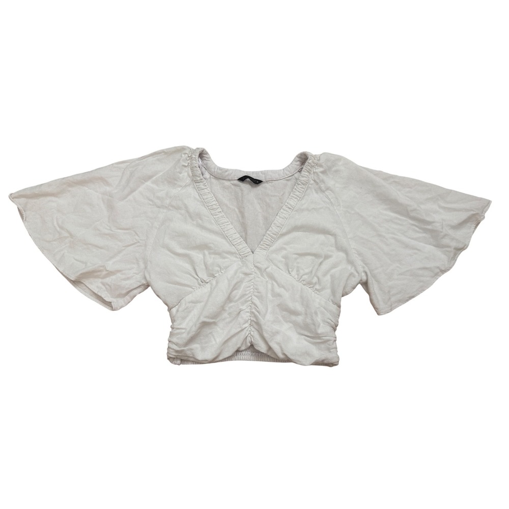 Zara‎ Womens White Linen Blend Flutter Sleeve Ruched V-Neck Crop Top Small Boho